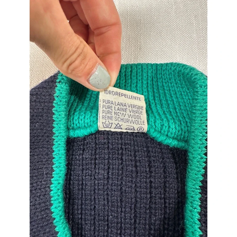 Vintage Elvstrom Italy Navy Blue‎ Wool Shawl Collar Sweater Green Trim medium